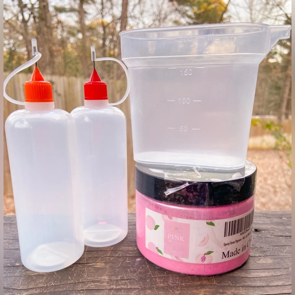 Mica Powder Pearl Pink Resin Art Pigment, Measure Cup and Needle Tip Ink Bottles